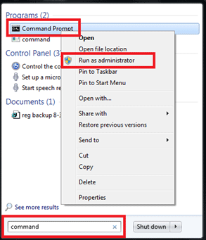 Windows 7 Start Menu, Command Prompt, Run as Administrator
